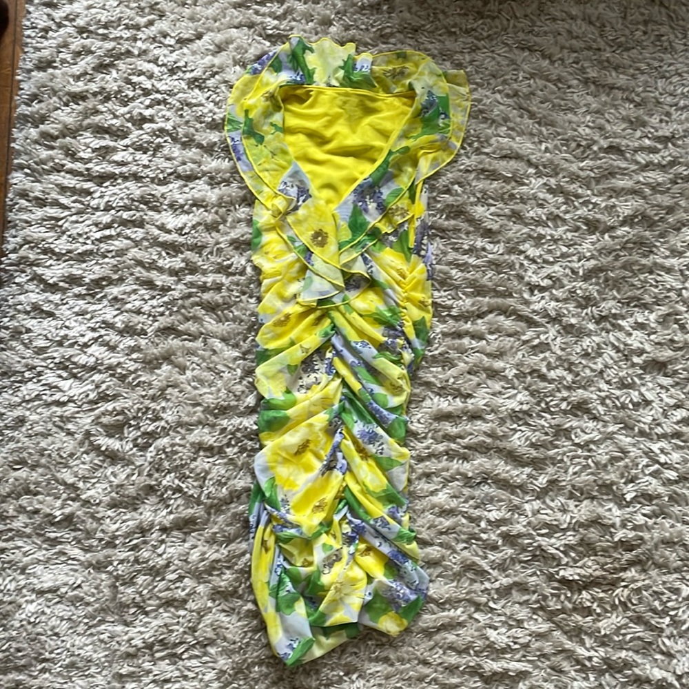 Zara- Floral Mesh Ruched Mini Dress- Yellow/Purple/Green